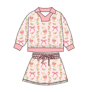 Ensembles de Pâques pour bébés et enfants en gros, haut à col polo à manches longues imprimé lapin, <span class=keywords><strong>jupe</strong></span> avec short, tenues de fête pour petites filles - Product Image 3