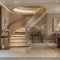 Escalier intérieur incurvé de luxe pour appartement, avec garde-corps en verre, acier et bois, design moderne et écologique