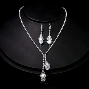 Simple bride wedding zircon necklace earrings two set jewelry stage banquet dress accessories