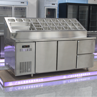 Plan de travail industriel en acier inoxydable à double porte, certifié CE, haute efficacité, sans givre, pour préparation de salades et pizzas, avec cloison en verre et refroidissement par air