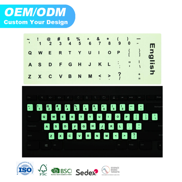 OEM Hot Sales Custom Glow Dark PVC Protect Letter Stickers Printed Language Keyboard Stickers for Laptop