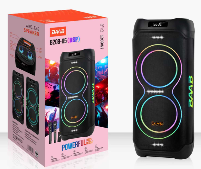 B208-05 60W Dual 8inch Woofer Outdoor Party Speaker RGB LED Lighting Remote Control 12V9A Battery