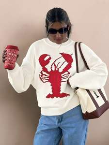 Maglione Bianco Jacquard con Motivo Aragosta di Tendenza per Vacanze al Mare e Feste a Tema Pesce, Pullover <span class=keywords><strong>Oversize</strong></span> Affidabile Lavorato a <span class=keywords><strong>Maglia</strong></span> - Product Image 4