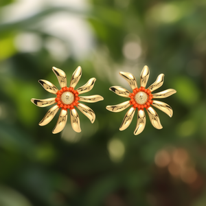 ต่างหูแฟชั่นชุบทอง 316L สแตนเลสสตีล ดีไซน์ดอกเดซี่สีส้มตรงกลาง สำหรับผู้หญิง - Product Image 3