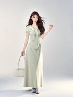 Robe longue élégante pour femme, collection été 2026, col marin, nœud papillon, taille froncée, coupe ajustée, pour soirées décontractées
