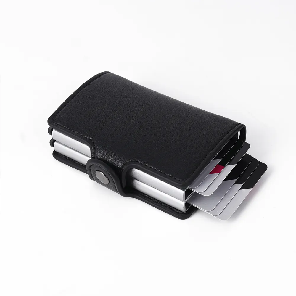 Business Wallet Case Card Box Pop Up Black PU Leather Metal Wallet RFID Blocking Automatic Aluminium Credit Card Holder Custom