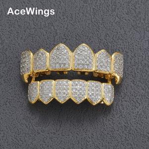 AceWings G026 Bling Bling Full CZ Hip Hop Géométrique Plaqué Or/Argent <span class=keywords><strong>Grilz</strong></span> Top & Bottom 6 Dents pour Unisexe/Femme/Homme - Product Image 2