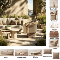 Ensemble de mobilier de jardin : canapé rembourré, table d'appoint ronde, table basse gigogne en pierre, chaise longue réglable