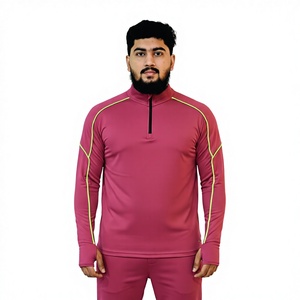 Camiseta Deportiva de Manga Larga con Media Cremallera Rosa para Hombre, con Costuras en Contraste, de Secado Rápido, Corte Regular, para Todas las Temporadas - Product Image 1