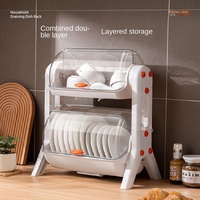 Égouttoir de rangement double couche en plastique avec couvercle anti-poussière, organisateur de comptoir peu encombrant, autoportant et mobile pour vaisselle et assiettes