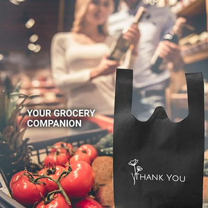 Bolsas de supermercado reciclables y lavables de tela no tejida negras con corte en W para camisetas y chalecos, con mensaje de agradecimiento - Product Image 3