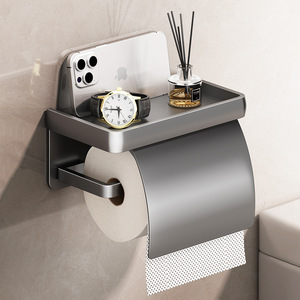 Wall Mounted Toilet <b>Paper</b> <b>Holder</b> With Storage Shelf No Drilling Required Multipurpose Rectangular Design For Bathroom - Product Image 1