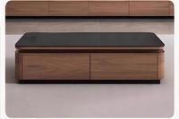 Meuble TV mural en noyer au design minimaliste moderne, avec tiroirs de rangement et étagère, table basse