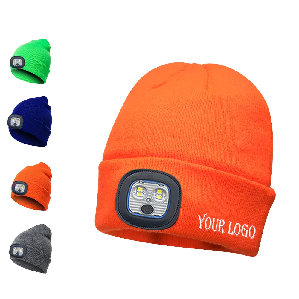 Penjualan Laris Topi Rajut Musim Dingin Hangat Logo Merek Senter Led Kustom Topi Beanie Pengisi Daya Usb untuk Aktivitas Malam Hari