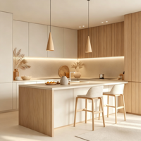 Îlot de cuisine moderne et résistant à l'eau avec panneaux en lattes de bois pour salon et cuisine, ensemble de meubles de cuisine modulaires avec îlot