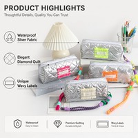 Trousse à crayons matelassée argentée avec dragonne en corde néon, pochette de maquillage Y2K, trousse à cosmétiques zippée grande capacité, organiseur de papeterie pour filles