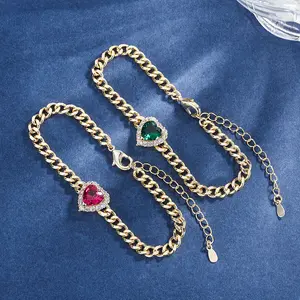 Gioielli personalizzati da donna squisito ottone placcato oro smeraldo rubino a forma di cuore alla moda Fine braccialetti regalo di san valentino