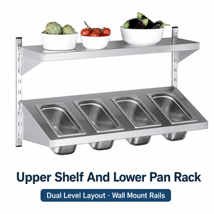 Heavy Duty Wall Mounted <b>Stainless</b> <b>Steel</b> Shelf with 4 Compartment GN Pan Rack Dual Level Ingredient Storage for Canteen Buffet - Product Image 2