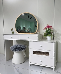 White Makeup Vanity Table Round Mirrored Dressing <b>Desk</b> with Drawers Storage <b>Cabinet</b> for Bedroom - Product Image 2