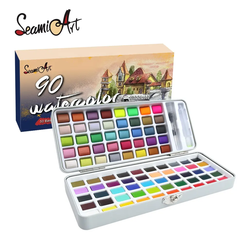 Keep Smiling 36 Colors Solid Watercolor Paints With Painting brush and  sponge Tin Box Set (Giorgione 36 water colour paint set)
