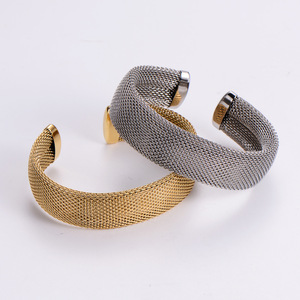 Women's Stainless Steel Wide Cuff Bracelet with Mesh Design Waterproof Fashion <b>Bangles</b> Jewelry - Product Image 1