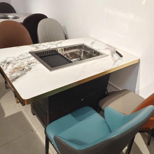 Meubles de cafétéria Guangdong Hot Pot Table Barbecue électrique <span class=keywords><strong>coréen</strong></span> Smokehouse Grill <span class=keywords><strong>Restaurant</strong></span> Steamboat Table et chaise de salle à manger - Product Image 1