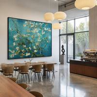 Décoration Murale en Aluminium Noir Encadré, Grande Peinture Classique Van Gogh 'Amandiers en Fleurs', Idéale pour Hôtels, Bureaux et Espaces Commerciaux