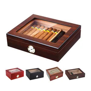 雪茄雪茄柜豪华钢化玻璃顶部展示定制包装木质雪茄烟盒，带湿度计