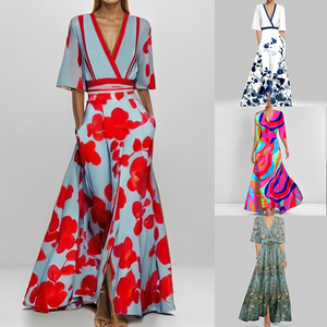 Abito <span class=keywords><strong>Lungo</strong></span> Elegante <span class=keywords><strong>con</strong></span> Stampa Floreale da Donna, Scollo a V, <span class=keywords><strong>Mezza</strong></span> <span class=keywords><strong>Manica</strong></span>, Vita Sottile, per Feste e Occasioni Casual - Product Image 2