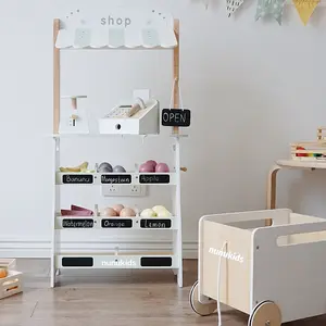 Nunukids simulação loja jogar casa carrinho de compras de madeira sólido sorvete fingir cozinha crianças brinquedos