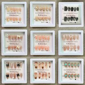Faux ongles réutilisables à presser, boîte surprise de luxe, forme cercueil moyenne, style stiletto, faits main, avec cristaux et motifs de dessins animés, couvrance totale, pour femmes - Product Image 4