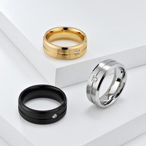 Men's <b>Titanium</b> Steel <b>Ring</b> With Single Zircon Inlaid Wedding Jewelry Black Gold Silver Color Bezel Setting Fashion Accessory - Product Image 1
