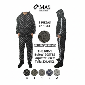 Tuta sportiva Th310r 1 da uomo, nera e bianca con stampa geometrica, felpa con cappuccio, pantaloni jogger, abbigliamento sportivo casual, chiusura con zip integrale. - Product Image 1