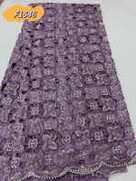Tissu en dentelle perlée à la main de couleur violette, dentelle brodée soluble dans l'eau avec des perles et des strass pour robe de mariage africaine F1546