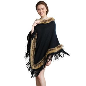 Chal de lujo para mujer con cuello de piel sintética de mapache, capa cálida y elegante con borlas, ideal para invitadas de boda y fiestas. - Product Image 3