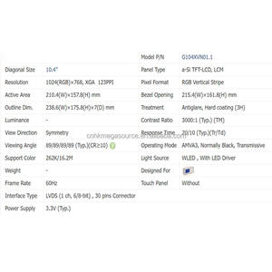 Bonne qualité TFT LCD rétro-éclairage 10.4 pouces 1024*768 écran LCD G104XVN01.1 - Product Image 2