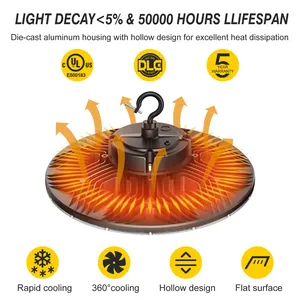 UL/DLC a énuméré la lumière élevée 36000lm de baie d'UFO LED de 240W (1000W HID/HPS Equiv.) Câble 0-10V Dimmable 6ft 5000K Couleur Low Bay Lighting - Product Image 4