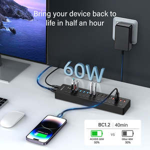 16-портовый USB-хаб с питанием, USB 3.2 Gen1, 5 Гбит/с, разветвитель данных, с индивидуальными переключателями, адаптер питания 60 Вт, док-станция для ПК и ноутбуков - Product Image 1