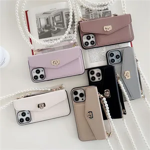 luxury crossbody leather wallet phone case with pearl chain for iphone 14 13 plus,for iphone 15 pro case detachable