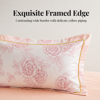 Parure de lit 4 pièces en fibre de polyester 100 % lavée effet soie, motif floral rose, draps en satin rafraîchissant à bordure large contrastante haute densité