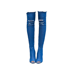 Botas vaqueras de tacón alto por encima de la rodilla con boca de pez, de mezclilla, para otoño, talla grande europea, con suela de goma que aumenta la altura - Product Image 1