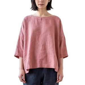 Blusa de Algodón para Mujer, Corte Holgado, Cuello Barco, Manga Murciélago 3/4, Camisa Casual con Textura Crepé, Top de Verano para Uso Diario y Vacaciones - Product Image 1