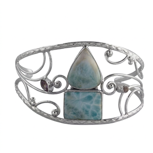 Bracelet manchette en argent sterling 925 avec larimar bleu naturel, motif bohème en spirale, fait main, style statement - Product Image 1