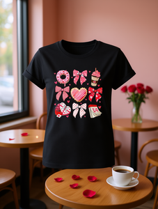 T-shirt da donna taglie forti con stampa fiocco e ciambella caffè, girocollo, manica corta, top casual per San Valentino in tessuto a maglia con spandex - Product Image 2