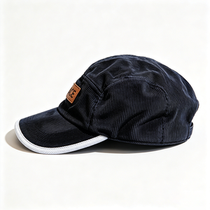 Gorra de Pana de 5 Paneles OEM de Fábrica, Estilo Campamento, Sin Estructura, Visera Curva, Logotipo de Parche de Cuero Personalizado, Ribete Blanco, Gorra de Pana Vintage - Product Image 4