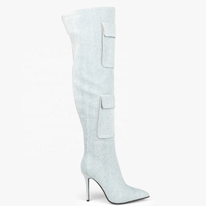 Women Large Size 45 Over Knee <b>Boots</b> Big Pockets Ornament Blue Denim Thigh High Booties Custom Colors Thin Heels Shoes - Product Image 4