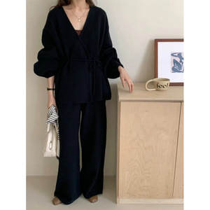 2026 musim dingin baru renda berkumpul mantel kardigan anyaman celana kaki lebar pinggang tinggi wanita rajutan 2 potong Set - Product Image 4