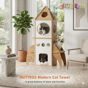 Tour à chat en bambou moderne et esthétique, design fusée, station d'activités professionnelle, centre de jeu robuste à plusieurs niveaux pour chatons, en carton - Product Image 1