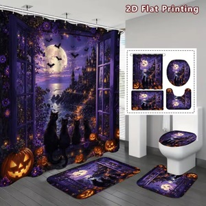 Cortina de Ducha de Poliéster con Diseño de Calabaza, Fantasma y Bruja de Halloween, Impresión Digital, Impermeable, Personalizada, Moderna, Venta al Por Mayor 2 - Product Image 4
