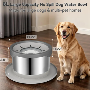 Bol à eau pour chien de grande capacité 8L, anti-éclaboussures, en acier inoxydable, bol à eau à débit lent avec tapis antidérapant pour plusieurs animaux - Product Image 2